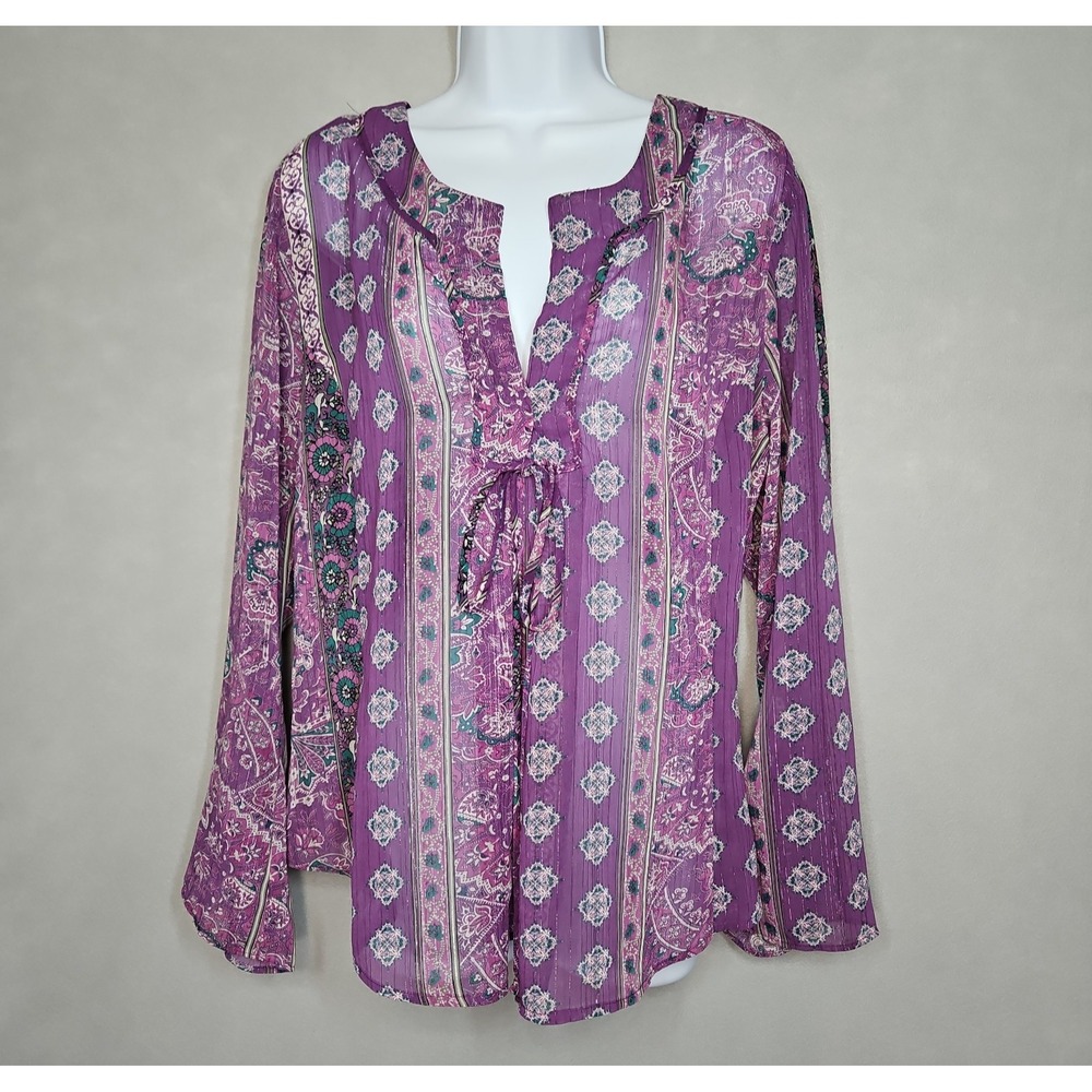 Lane Bryant Womens Purple Paisley Metallic Semi Sheer V Neck Blouse Size 14/16